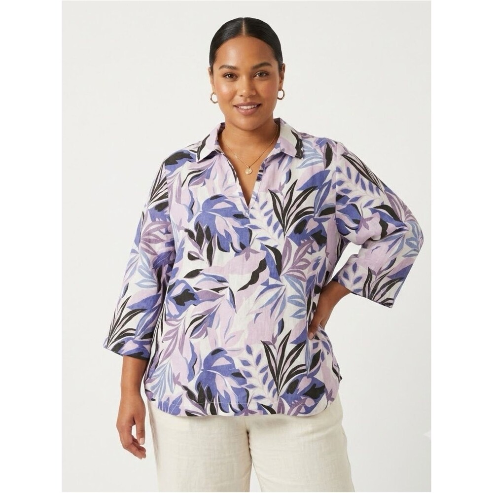 C&C California Women's 100% Linen Blouse Top 1X Pink Purple Floral 3/4 Sleeve Pl